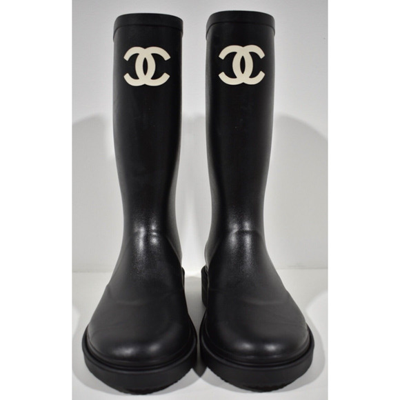 Chanel REV Black White Caoutchouc CC Logo High Pull On Rubber Rain Boots 37 - Picture 5 of 12
